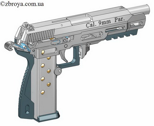><p>Несмотря на хорошие прочностные характеристики полиамида, основным нагруженным элементом рамы остается стальная арматура, залитая в полимер. Как следует из графики, арматура представляет собой обрезанную (по сравеннию с первоначальным проектом) стальную раму, залитую полимером. Такая компоновка позволяет использовать одни и тех же детали для различных вариантов изготовления пистолета, как со стальной рамой, так и с вариантом, в котором рама изготовлена из полимера с залитой стальной арматурой. Такой подход к конструкции рамы с массивной арматурой оправдан тем, что нагрузки, возникающие как при движении подвижных частей автоматики во время выстрела, так и при досыле патрона в патронник, достаточно велики, чтобы основную нагрузку воспринимала полимерная часть рамы. Полимерная часть конструкции рамы воспринимает лишь остаточные нагрузки и служит для фиксации магазина и комфортного удержания оружия. Также к арматуре крепятся отражатель и рычаг затворной задержки. Именно в арматуру вмонтирован ограничитель хода затвора и через нее же проходят оси спускового крючка, шепатала и курка. На графике разобранного пистолета видно не совсем привычное расположение и Т-образная форма отражателя. Такая конфигурация отражателя объясняется тем, что он выполняет двойную функцию: непосредственно отражателя и направляющих задней части затвора. Использование отражателя, как направляющей, дало возможность уменьшить толщину затвора на 4 мм по сравнению с вариантом если бы направляющие были выполнены непосредственно на раме.</p><p> УСМ — куркового типа. Взведение курка производится при досыле патрона в патронник, а во время стрельбы курок взводится автоматически откатывающимся назад затвором. Курок имеет предохранительный взвод, что позволяет при наличии патрона в патроннике плавно спустить курок (т.е. спуск без производства выстрела) и поставить на предохранительный взвод. При этом пистолет становится безопасным даже при выключенном предохранителе, а также снимается нагрузка с боевой пружины, находящейся внутри курка.</p><p> Предохранитель расположен на затворе и при включенном положении блокирует ударник, что исключает инерционный накол капсюля при падении пистолета.</p><p> Рычаг затворной задержки и кнопка фиксатора магазина расположены по классической схеме, с правой стороны пистолетной рукоятки.</p><img style=